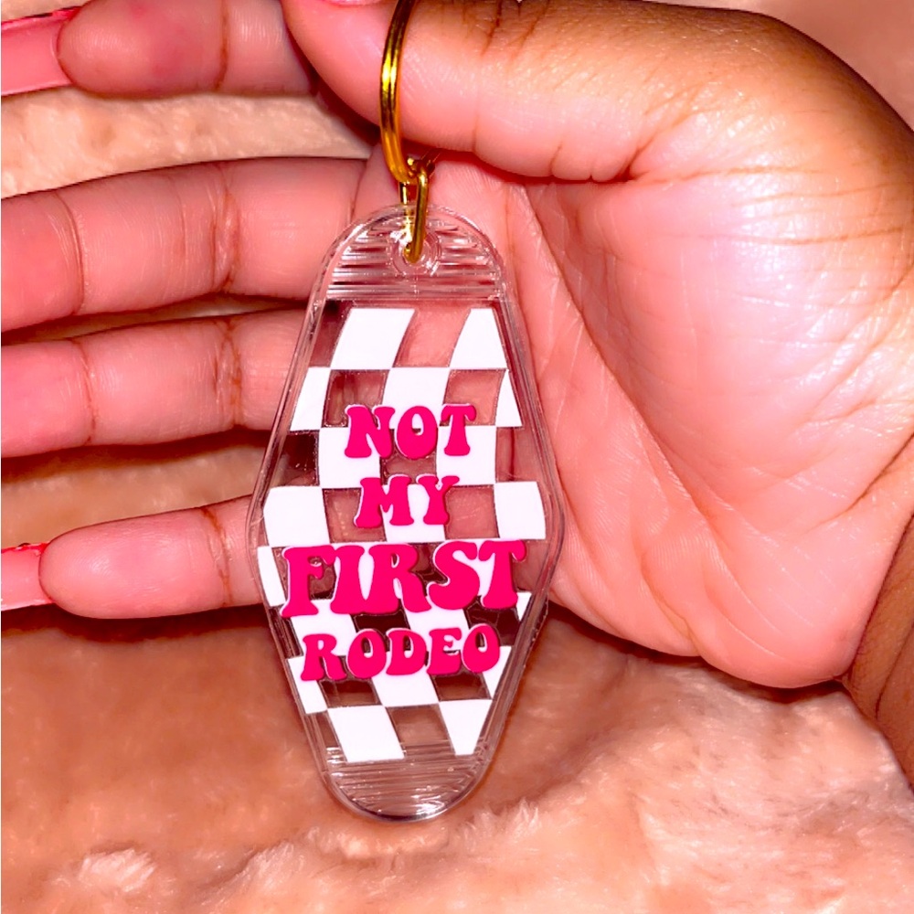 Checkered Keychain with Pink Text
